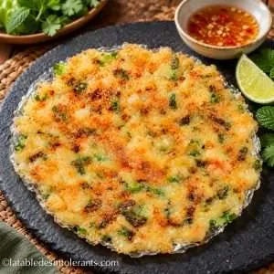 Galette croustillante de feuilles de riz aux crevettes et aux herbes, dorée à la poêle, sans gluten et sans lactose