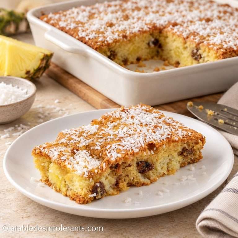 Part de gâteau léger à l'ananas et aux raisins secs saupoudré de noix de coco râpée, sans gluten, sans lait, sans sucre et sans levure