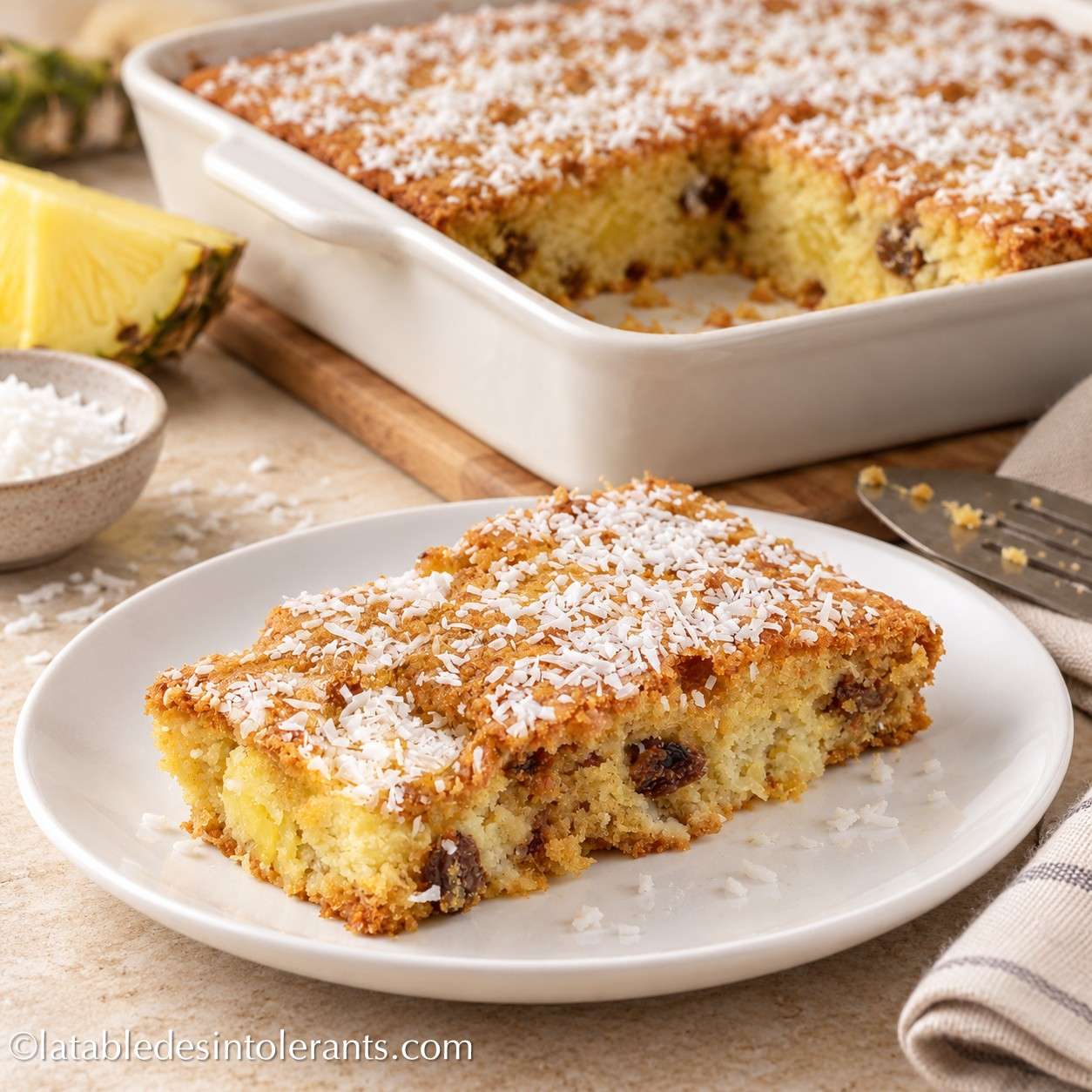 GÂTEAU LÉGER À L’ANANAS sans gluten, sans lait, sans sucre et sans levure Part de gâteau léger à l’ananas et aux raisins secs saupoudré de noix de coco râpée, sans gluten, sans lait, sans sucre et sans levure