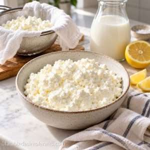Ricotta maison sans lactose dans un bol, avec la passoire et l’étamine, le lait et le citron, sans gluten et sans lactose