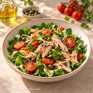 Salade de mâche au maquereau, tomates cerises et paprika fumé, sans gluten et sans lactose